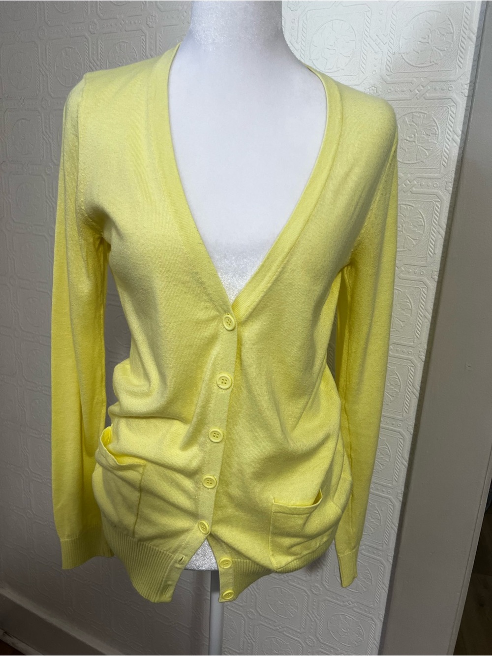 Forever 21 Light Yellow V-Neck Button Cardigan